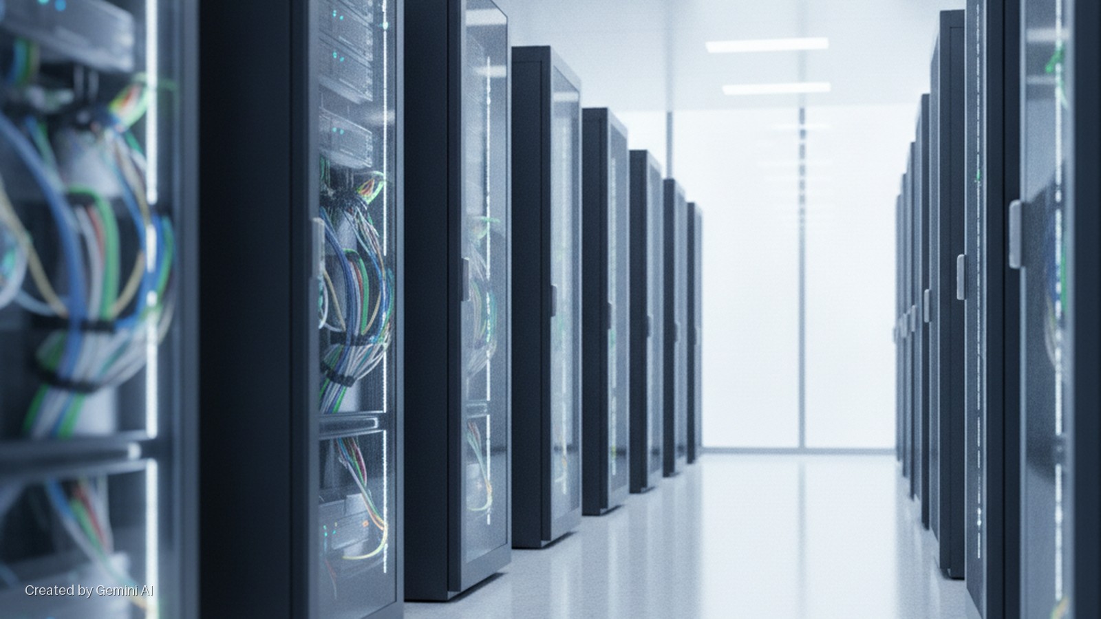 A brightly lit data center aisle features parallel rows of dark server racks, with the foreground racks displaying colorful network cables and glowing internal lights through their glass doors on a reflective floor.