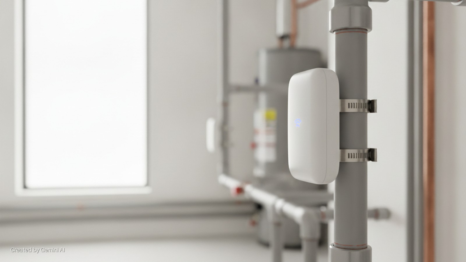 A white rectangular device with a blue Wi-Fi indicator light is clamped to a gray pipe in a brightly lit utility room with a water heater, copper and white plumbing, and a window.
