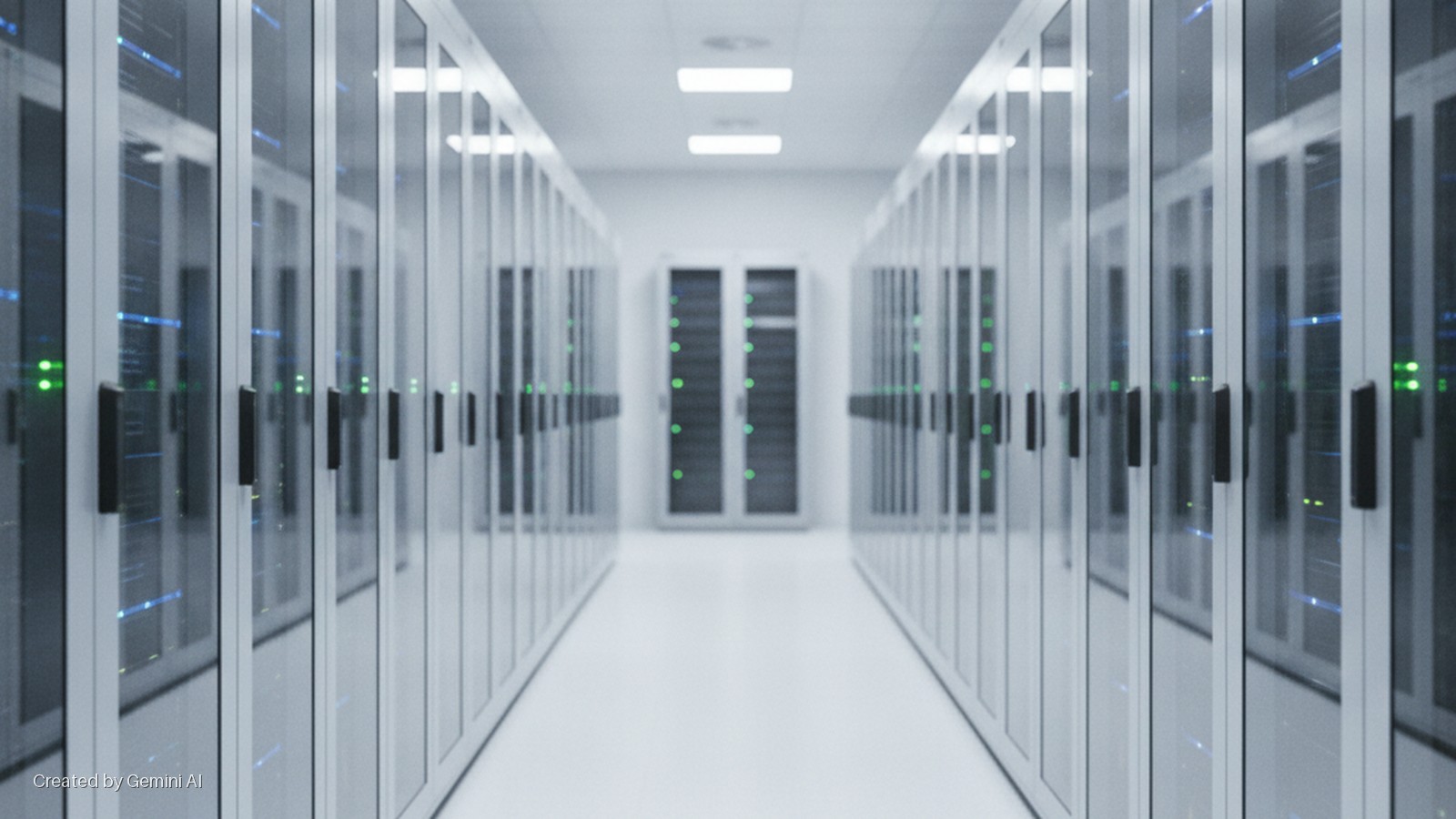 A brightly lit data center aisle features symmetrical rows of server racks with glowing green and blue indicator lights visible through their glass doors.