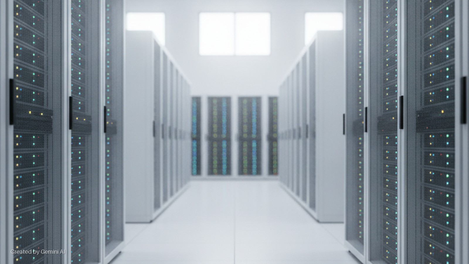A well-lit aisle in a data center is lined with rows of server racks displaying colorful blinking indicator lights, with more racks and bright windows visible in the distant background.