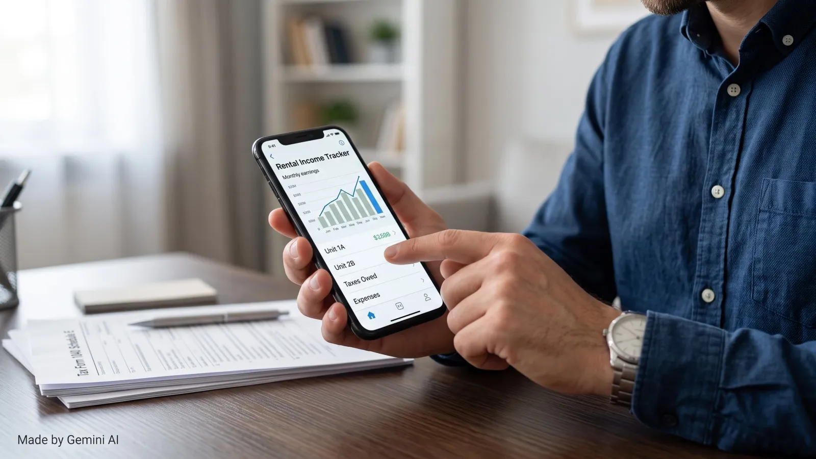 A landlord checks rental income and tax records using a smartphone app