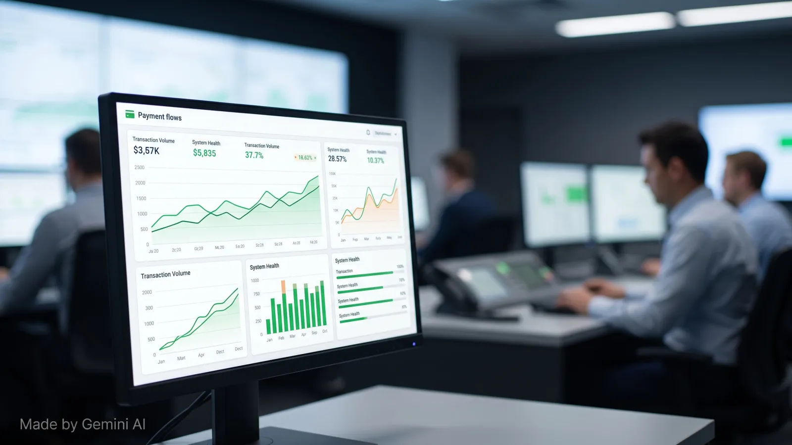 Illustration of payment data streams converging into a single monitoring dashboard
