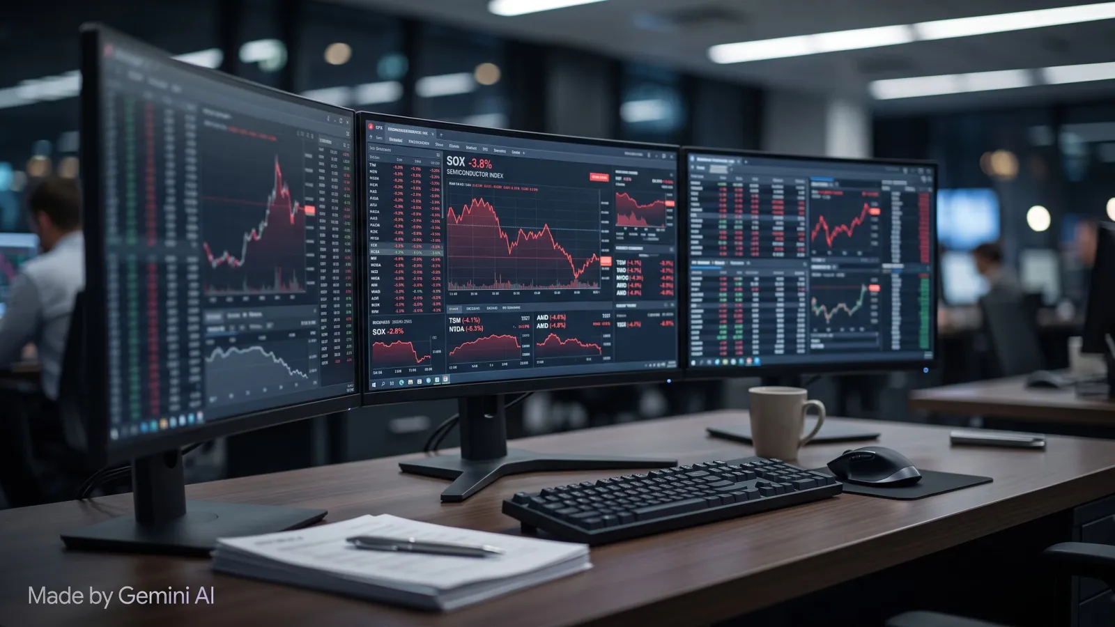 Trading screens display semiconductor stock prices during a market correction