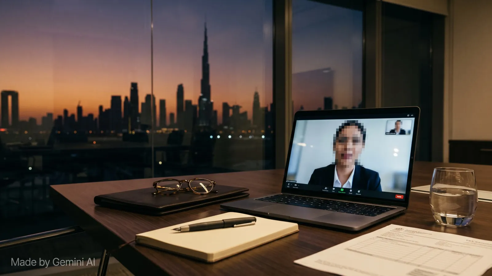 A video interview on a laptop screen with the candidate's face subtly pixelating  