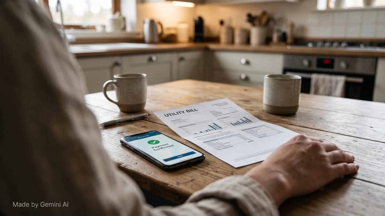 Family paying an electricity bill from a phone at the kitchen table