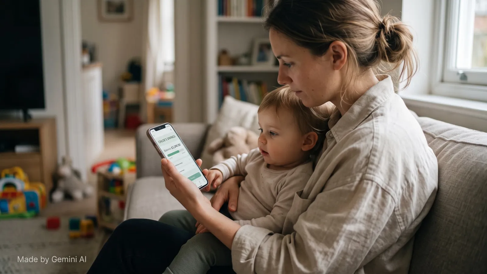 Parent checking a child's investment account on a phone at home