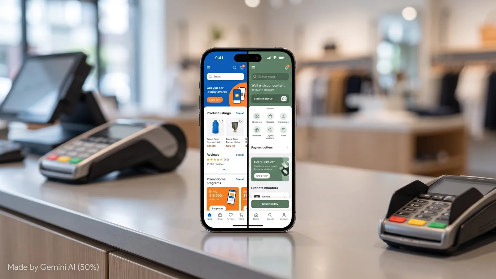 Shopper comparing two mobile apps while standing at a checkout