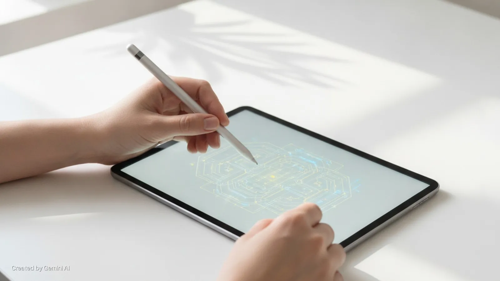 A person's hands hold a stylus over a tablet displaying a circuit-like pattern on a white table, illuminated by natural light casting leaf shadows.