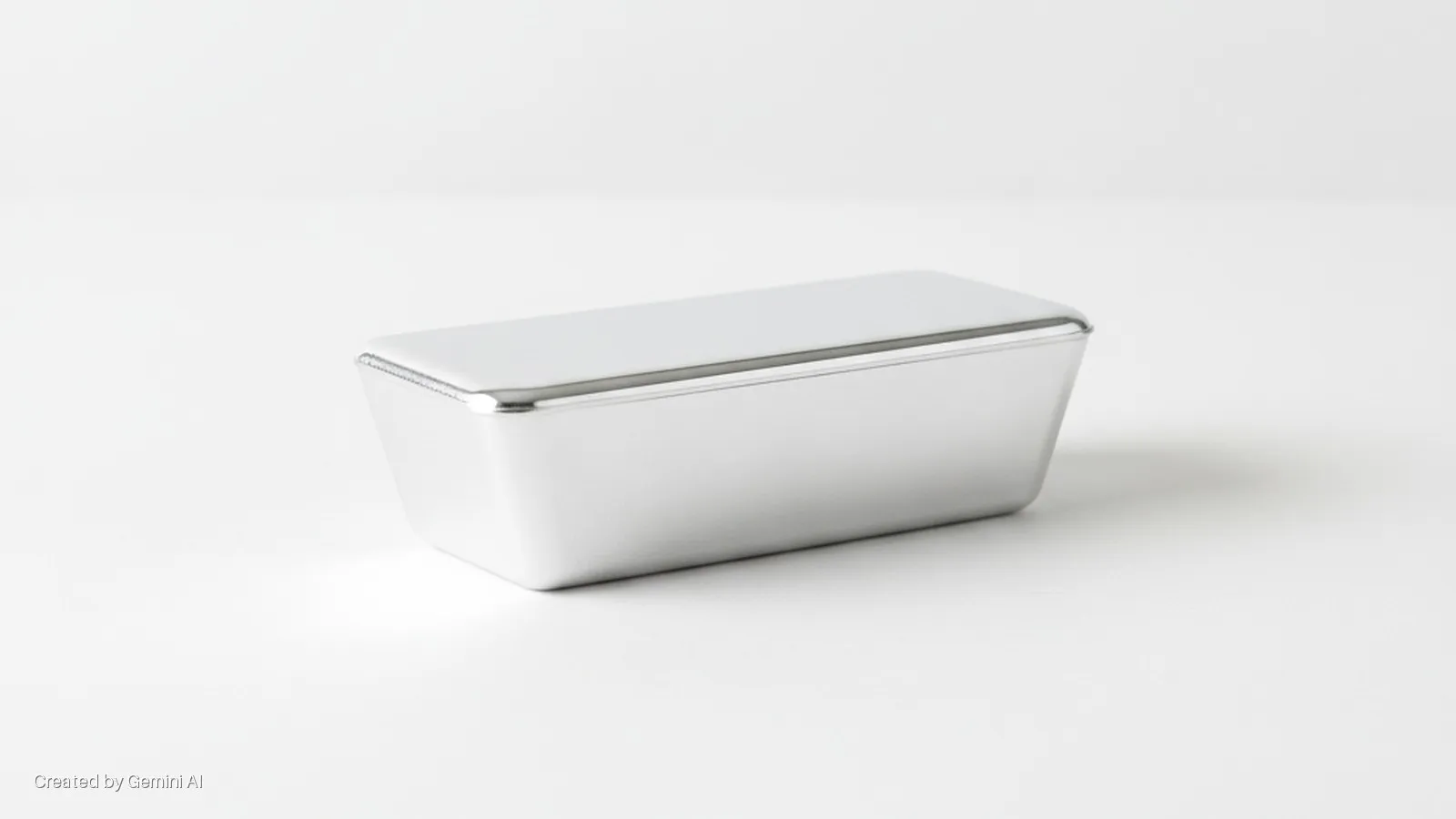 A shiny silver rectangular container with a slightly rounded lid sits centered on a bright white surface under soft, even lighting.