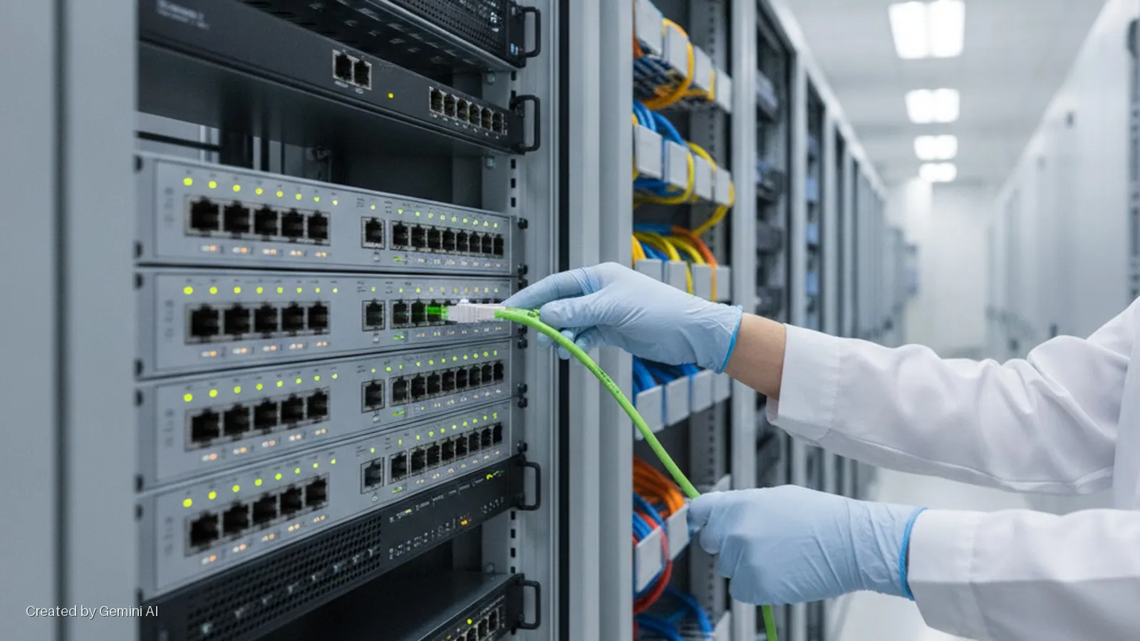 A person in a white lab coat and blue gloves plugs a green Ethernet cable into a network switch within a brightly lit server rack in a data center.
