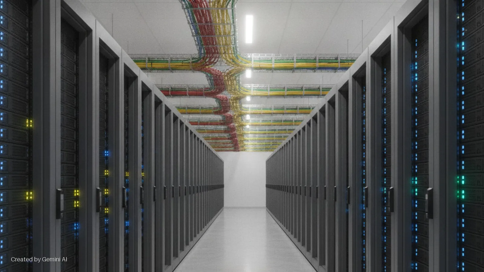 A brightly lit data center aisle features two rows of server racks with glowing blue, yellow, and green lights, beneath a ceiling crisscrossed by colorful network cables in wire trays.
