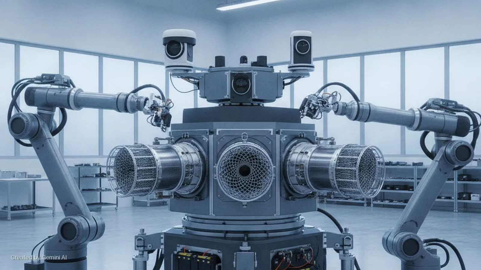 A large, multi-component industrial robot with several camera sensors and mesh-covered cylindrical modules is centrally positioned in a brightly lit, cool-toned laboratory, flanked by two articulated robotic arms.