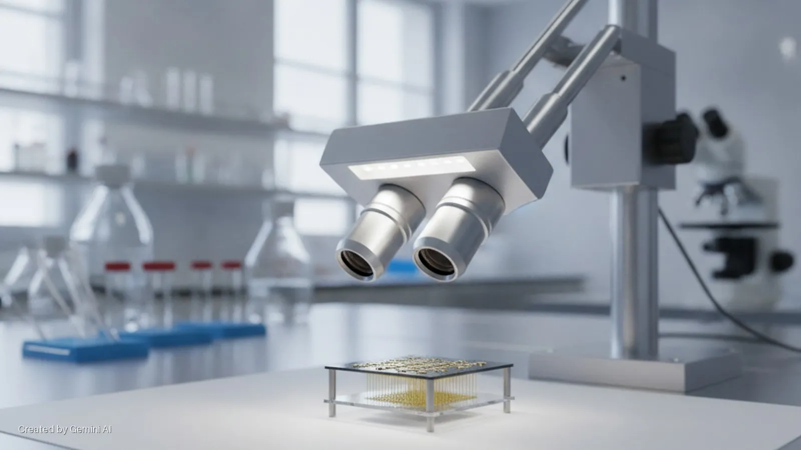 A brightly lit laboratory features a stereo microscope illuminating a gold-colored sample array on a white bench, with blurred scientific glassware and equipment in the background.