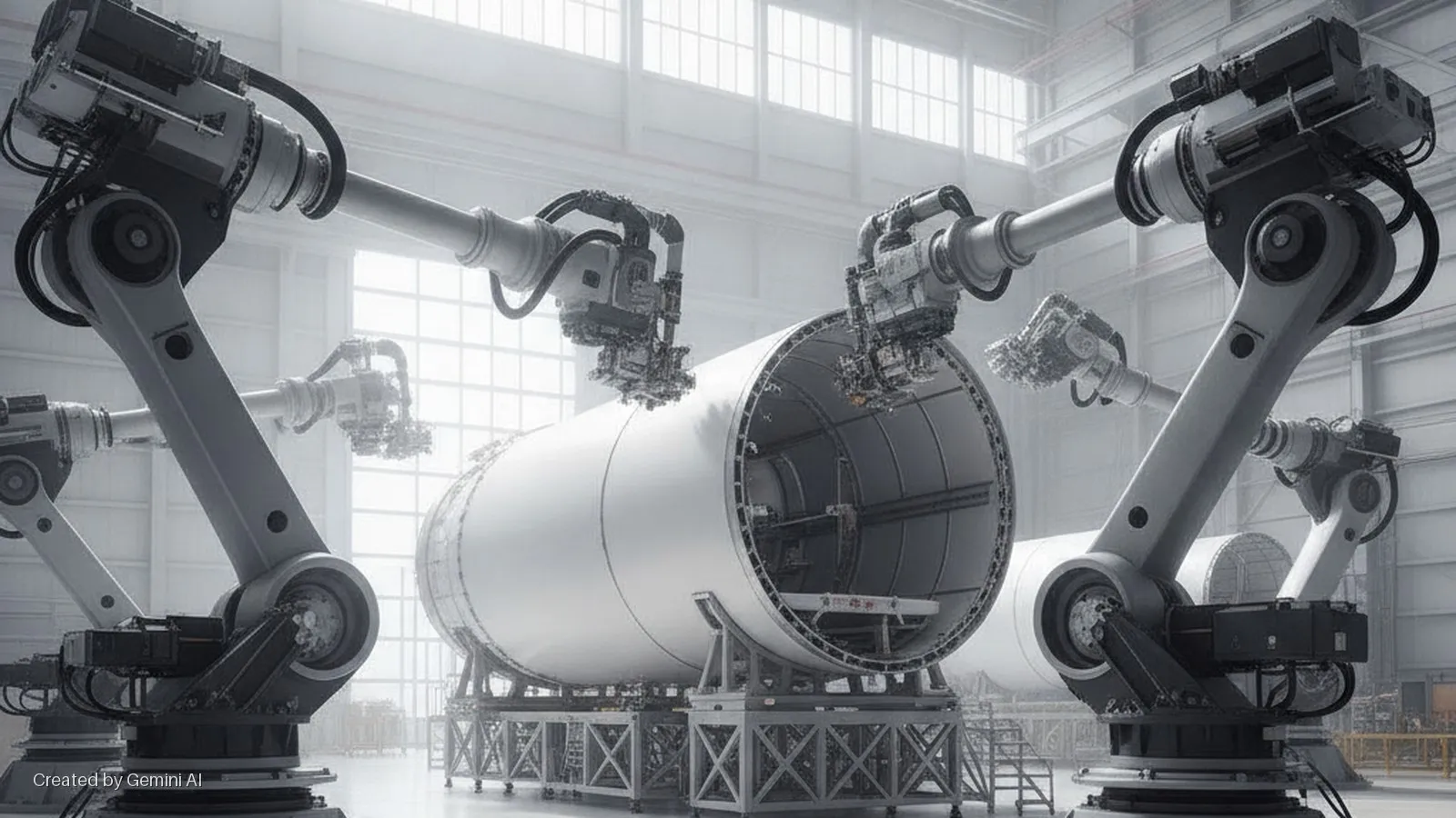 Industrial robotic arms work on large white cylindrical structures in a brightly lit factory.
