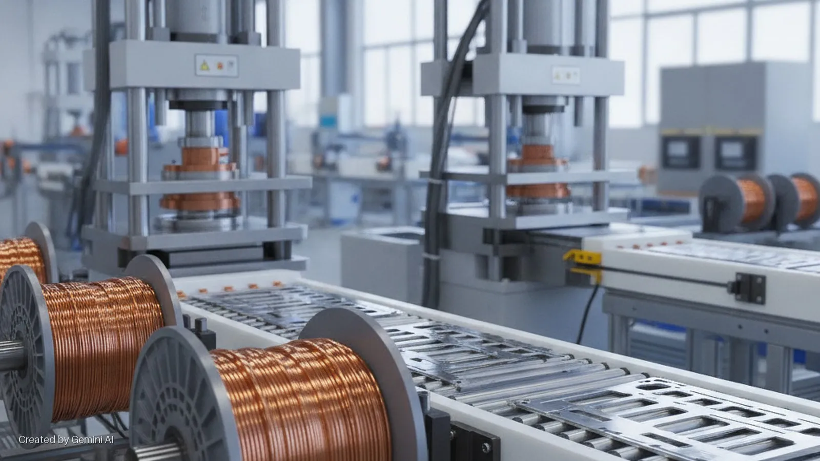 Spools of bright copper wire and perforated metal parts on parallel conveyor belts lead toward large industrial presses in a brightly lit manufacturing facility.