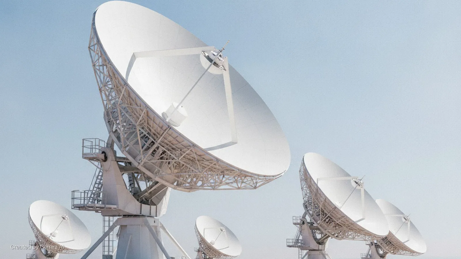 An array of large white radio telescope dishes stands against a clear blue sky under bright daylight.