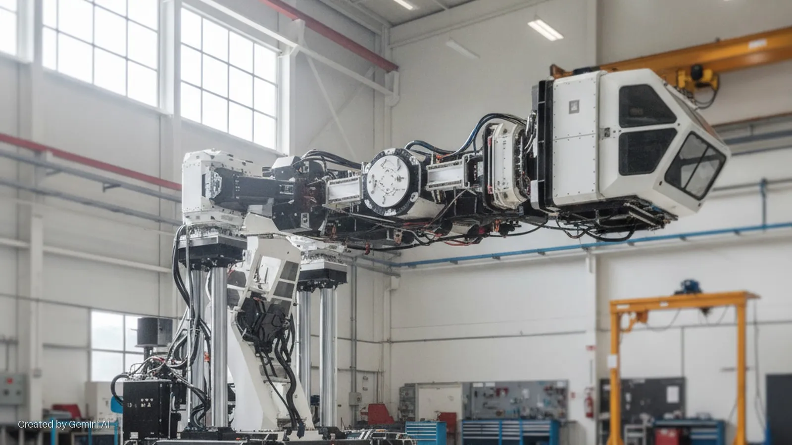 A massive white robotic arm with a control cabin attachment is situated in a brightly lit industrial building with large windows and an overhead crane.