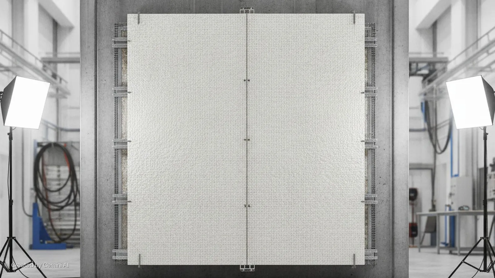 A large, textured white panel is mounted on a concrete wall with a visible metal framework, flanked by two bright studio softbox lights in an industrial testing facility.