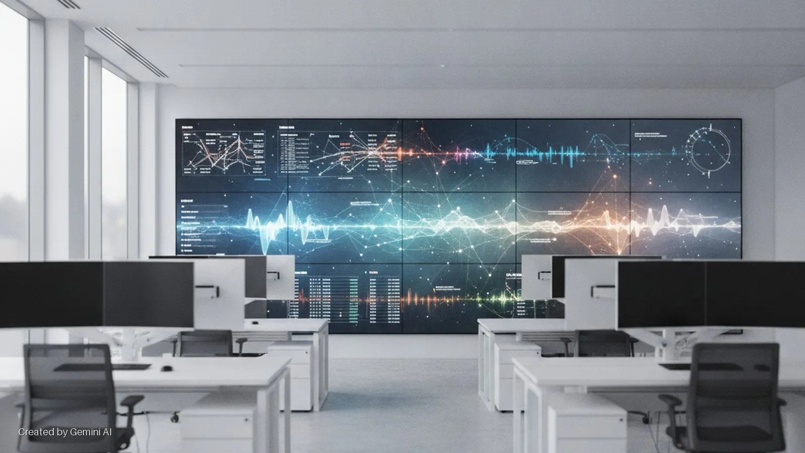 Bright, modern office with rows of white desks, computer monitors, and chairs, facing a large video wall displaying colorful data visualizations, with natural light from large windows on the left.