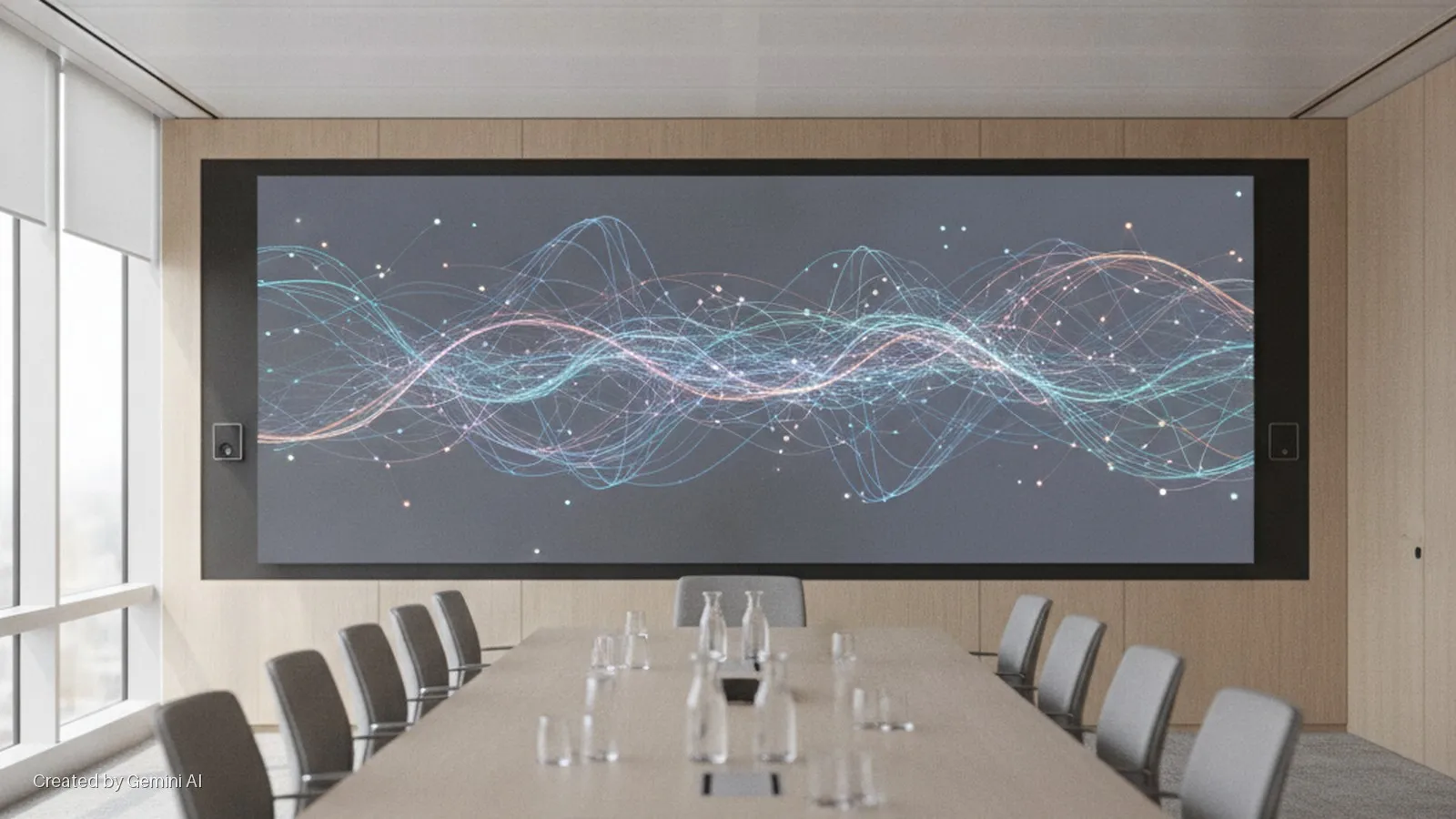 A modern conference room features a large wall-mounted screen displaying abstract colorful wavy lines and connected dots, flanked by speakers, a long meeting table set with glass carafes and chairs, under bright natural light from large win