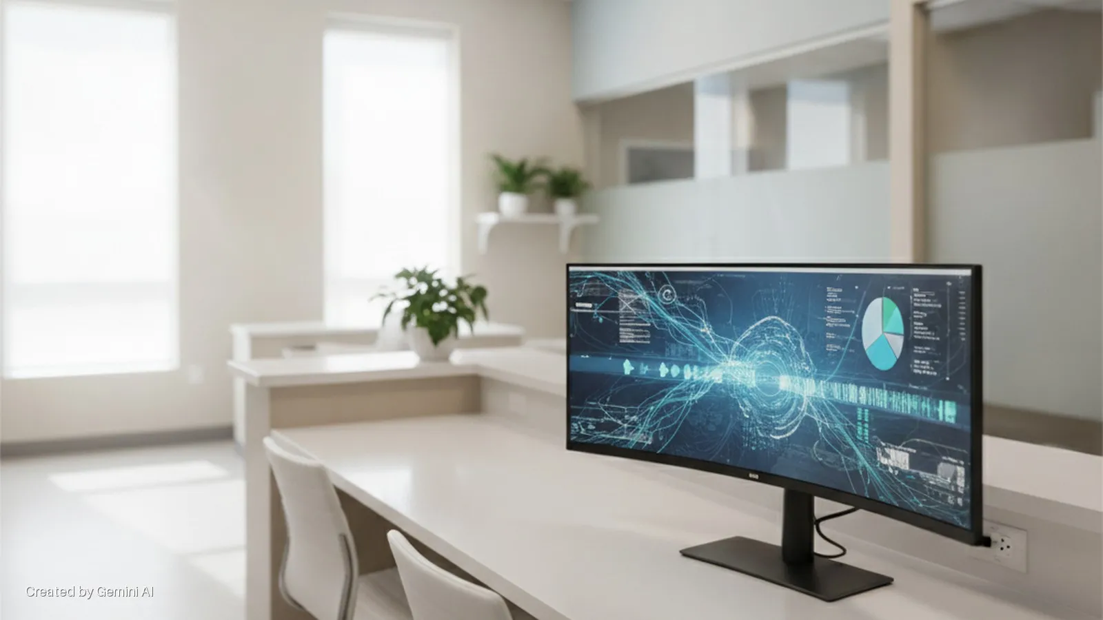 A brightly lit modern office workstation features a curved monitor displaying complex data and charts, set on a white desk with white chairs and natural light from windows.