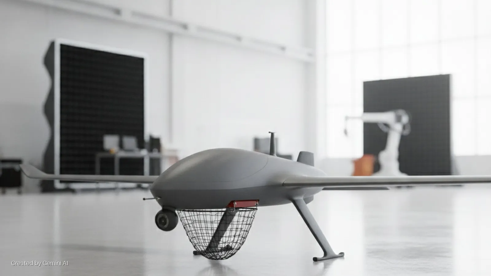 A grey fixed-wing drone with a recovery net attached to its underside rests on a shiny floor in a brightly lit industrial or research facility, with large black acoustic panels and a robotic arm visible in the soft-focus background.