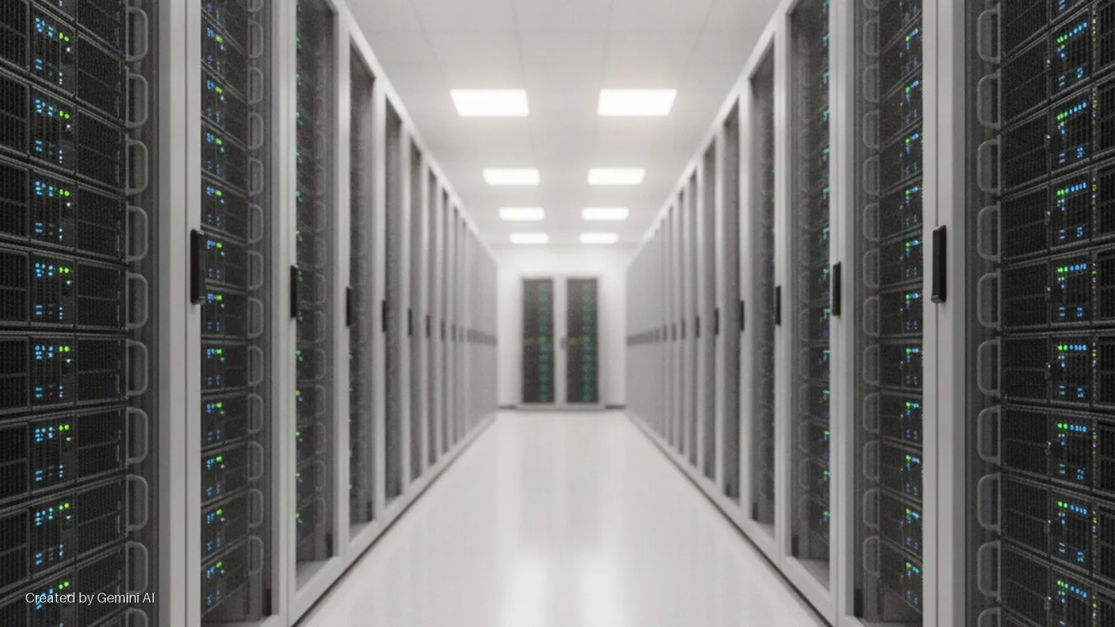 A long data center aisle lined with rows of server racks featuring blinking green and blue indicator lights, illuminated by bright overhead panel lights, leading to a closed double door at the far end.