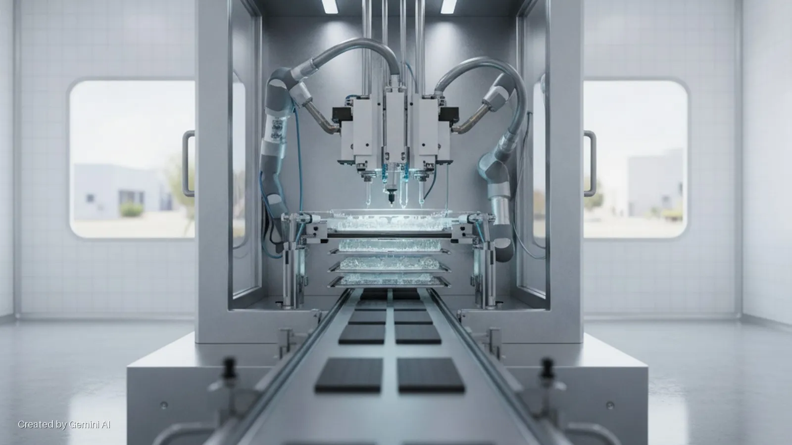 A brightly lit sterile room features an automated industrial machine with multiple dispensing nozzles over stacked trays of a transparent gel, while a conveyor belt carrying dark rectangular items extends forward, with rounded windows showi