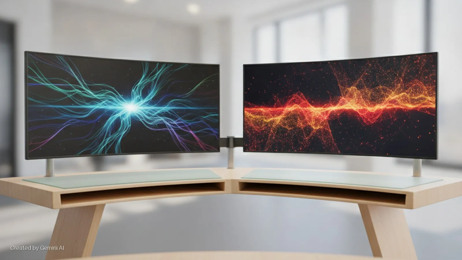 Two curved monitors displaying abstract light patterns are mounted on a dual stand on a modern wooden desk with frosted glass inserts, set in a brightly lit office.