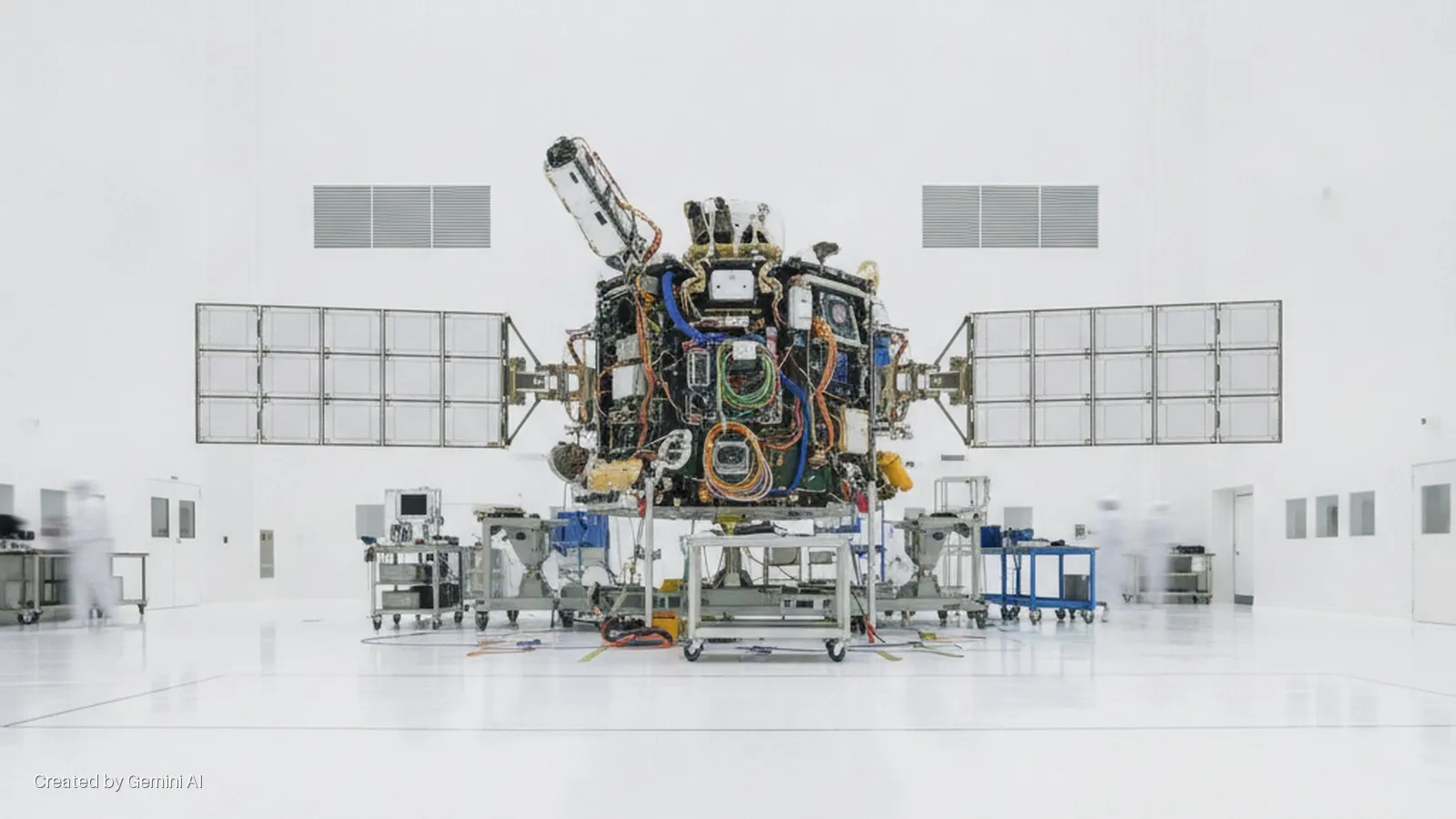 A satellite with visible internal wiring and deployed solar panels stands centered in a large, brightly lit cleanroom with blurred cleanroom-suited technicians and equipment carts around.