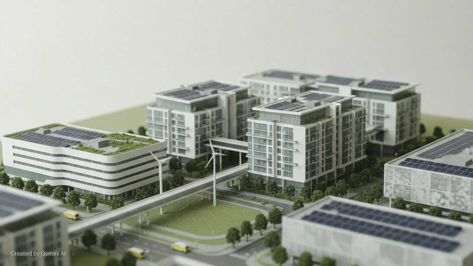 A detailed architectural model of a modern green city features multiple white buildings topped with solar panels and green roofs, interconnected by elevated pedestrian walkways, with miniature yellow vehicles on roads, trees, and a wind tur