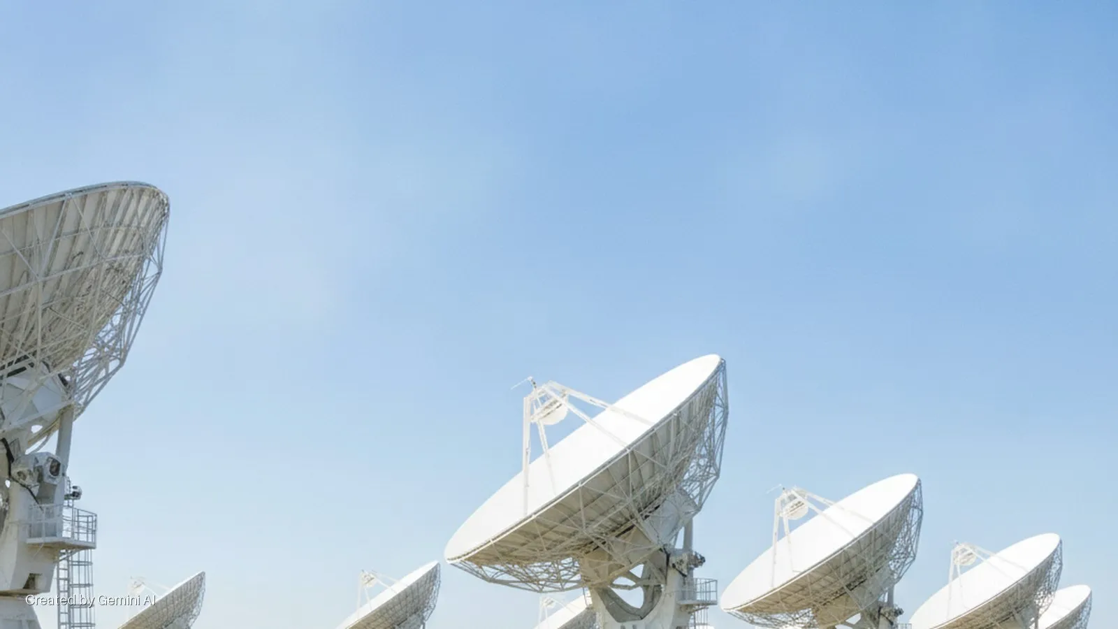 An array of large white radio telescopes stands under a clear blue sky, brightly lit by daylight.