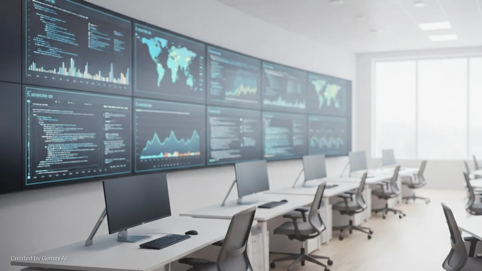 A brightly lit modern office features a large multi-screen video wall displaying data, maps, and code, facing rows of empty workstations equipped with computer monitors, keyboards, and office chairs, illuminated by overhead lighting and a l