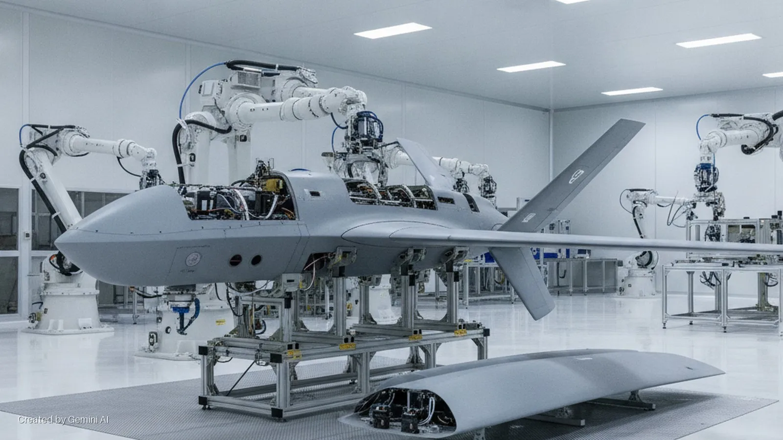 A grey, partially assembled uncrewed aerial vehicle (UAV) with visible internal components is supported by metal stands and surrounded by multiple white robotic arms in a brightly lit, clean manufacturing facility, with a detached fuselage 