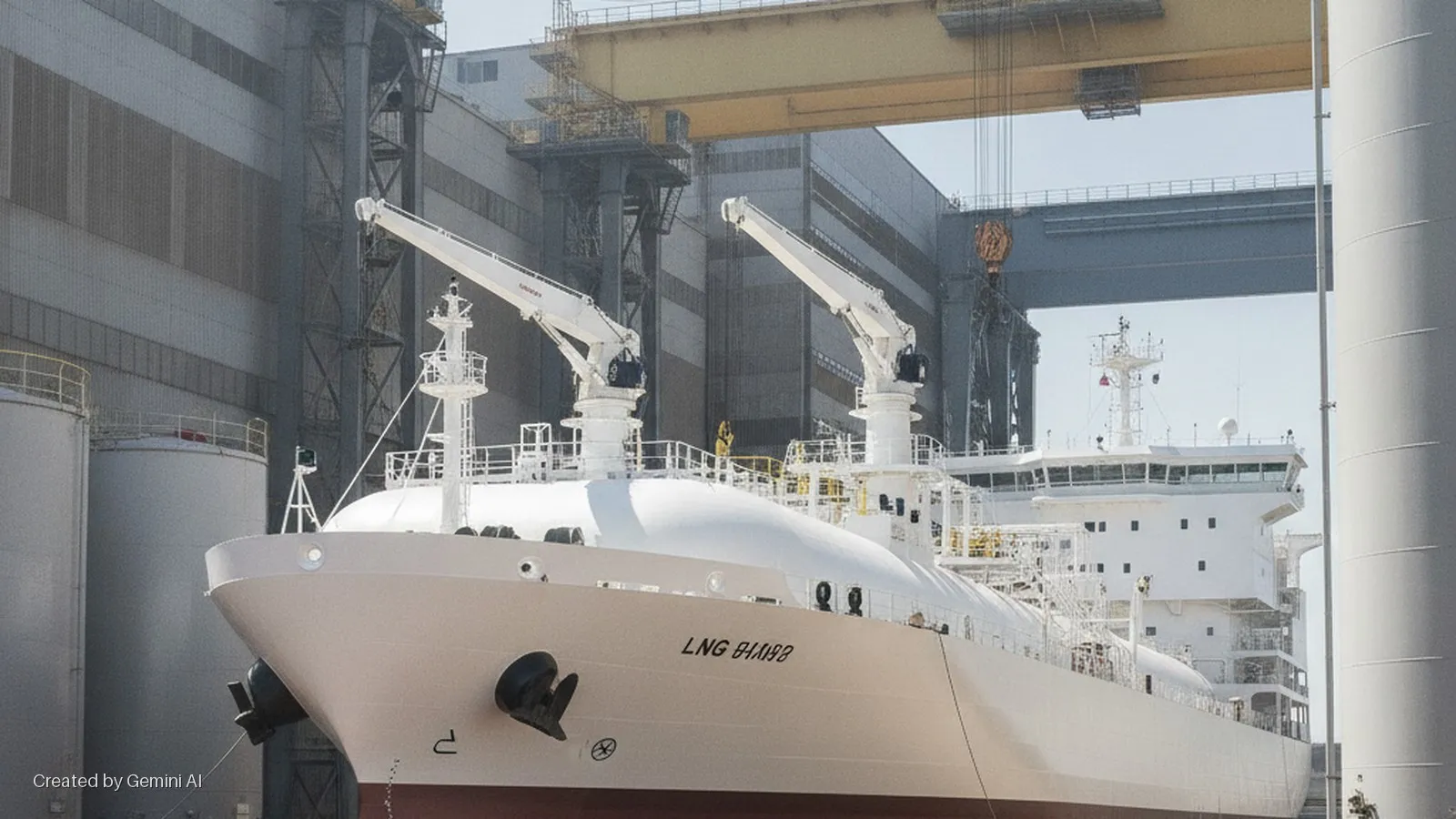 A white LNG tanker with two deck cranes and prominent anchors is shown docked in a shipyard under a massive gantry crane and bright daylight, flanked by industrial buildings and large storage tanks.