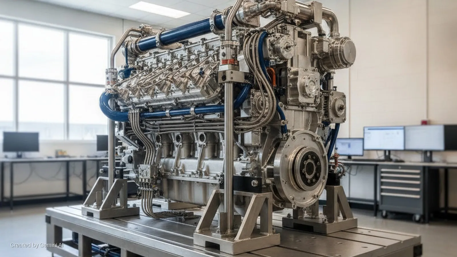 A large, intricate silver industrial engine with prominent blue piping sits on a metal stand in a well-lit laboratory, with large windows and computer workstations visible in the background.