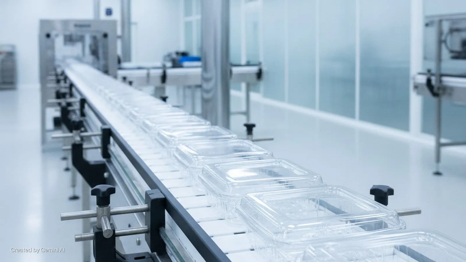 Rows of clear plastic containers move along a conveyor belt in a brightly lit, sterile clean room production facility.