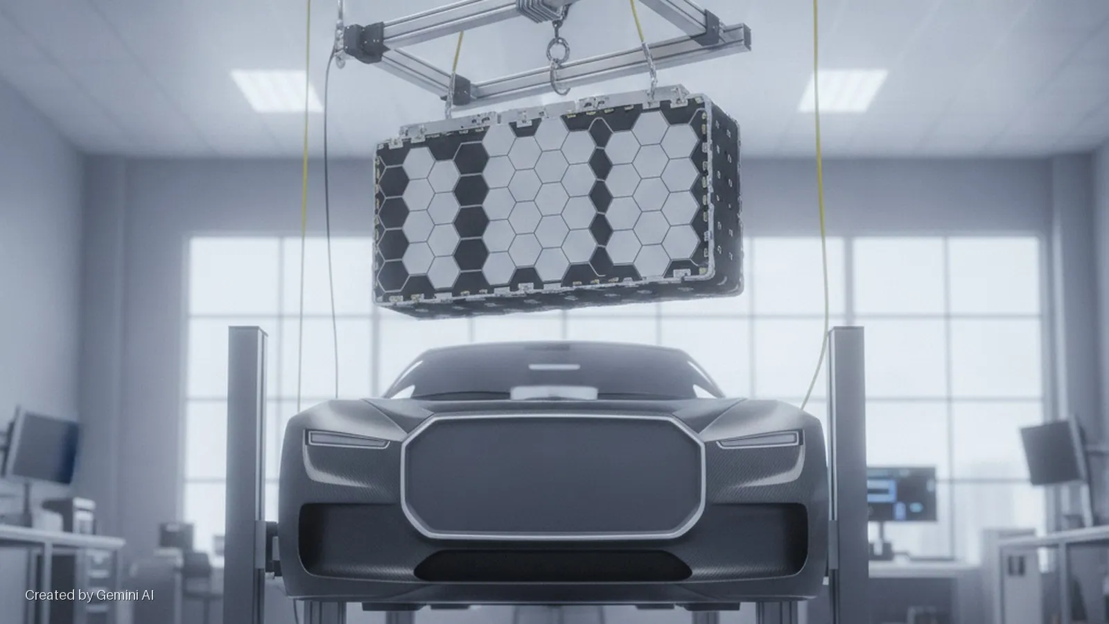 A large hexagonal-celled battery pack is lowered by an overhead crane onto an electric vehicle chassis on a lift in a brightly lit workshop.