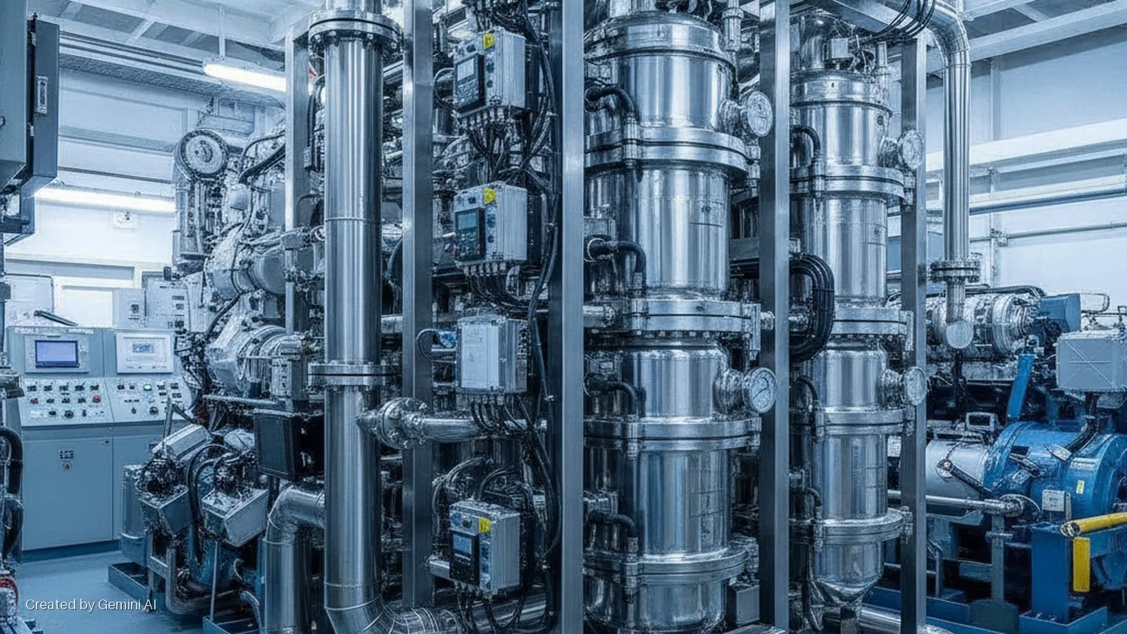 Brightly lit industrial room featuring large, reflective stainless steel processing equipment with multiple vessels and pipes, control panels on the left, and a large blue motor on the right.