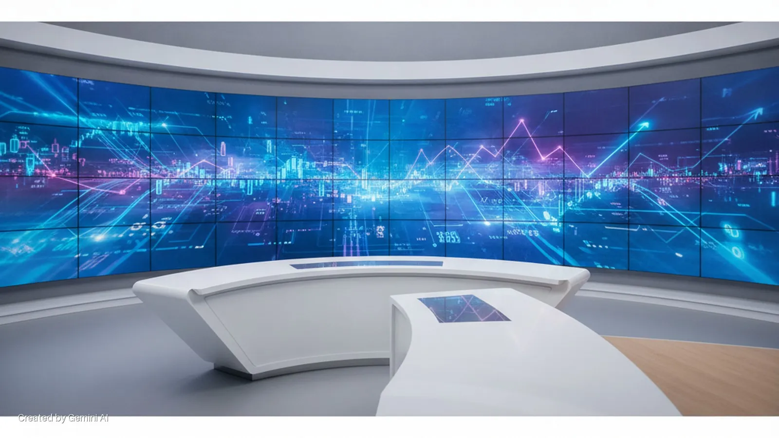 A modern broadcast studio with a bright, curved video wall displaying blue and pink digital financial charts and data, and two white curved desks in the foreground.