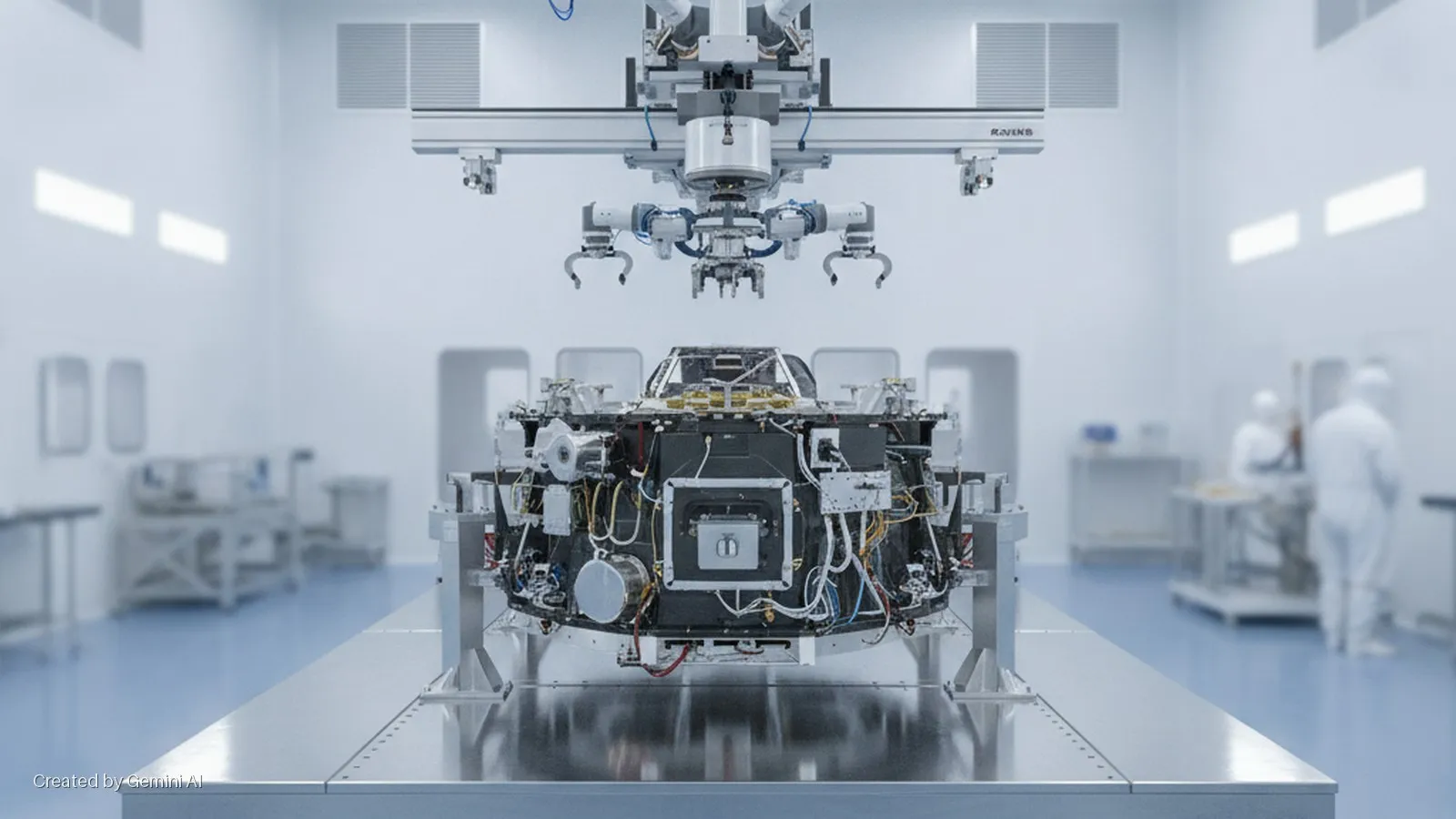 A large robotic arm system with multiple grippers hovers over a complex piece of spacecraft hardware on a metallic table in a brightly lit cleanroom, with blurred figures in clean suits visible in the background.