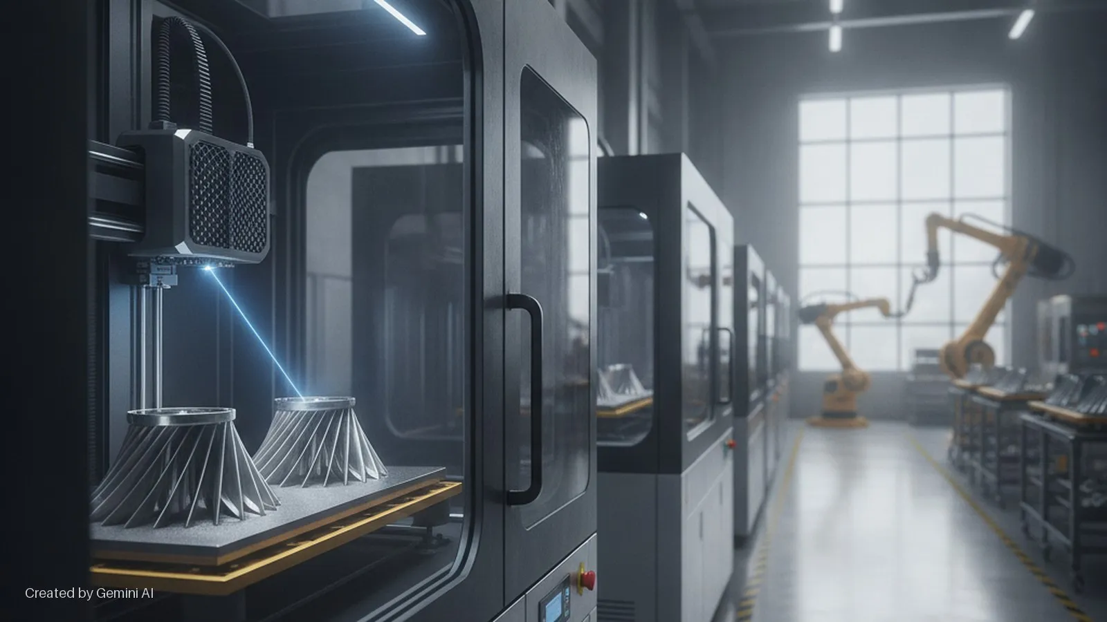 A blue laser prints two metallic, finned parts inside an industrial 3D printer, with a row of similar machines and blurred robotic arms visible in a brightly lit factory background.