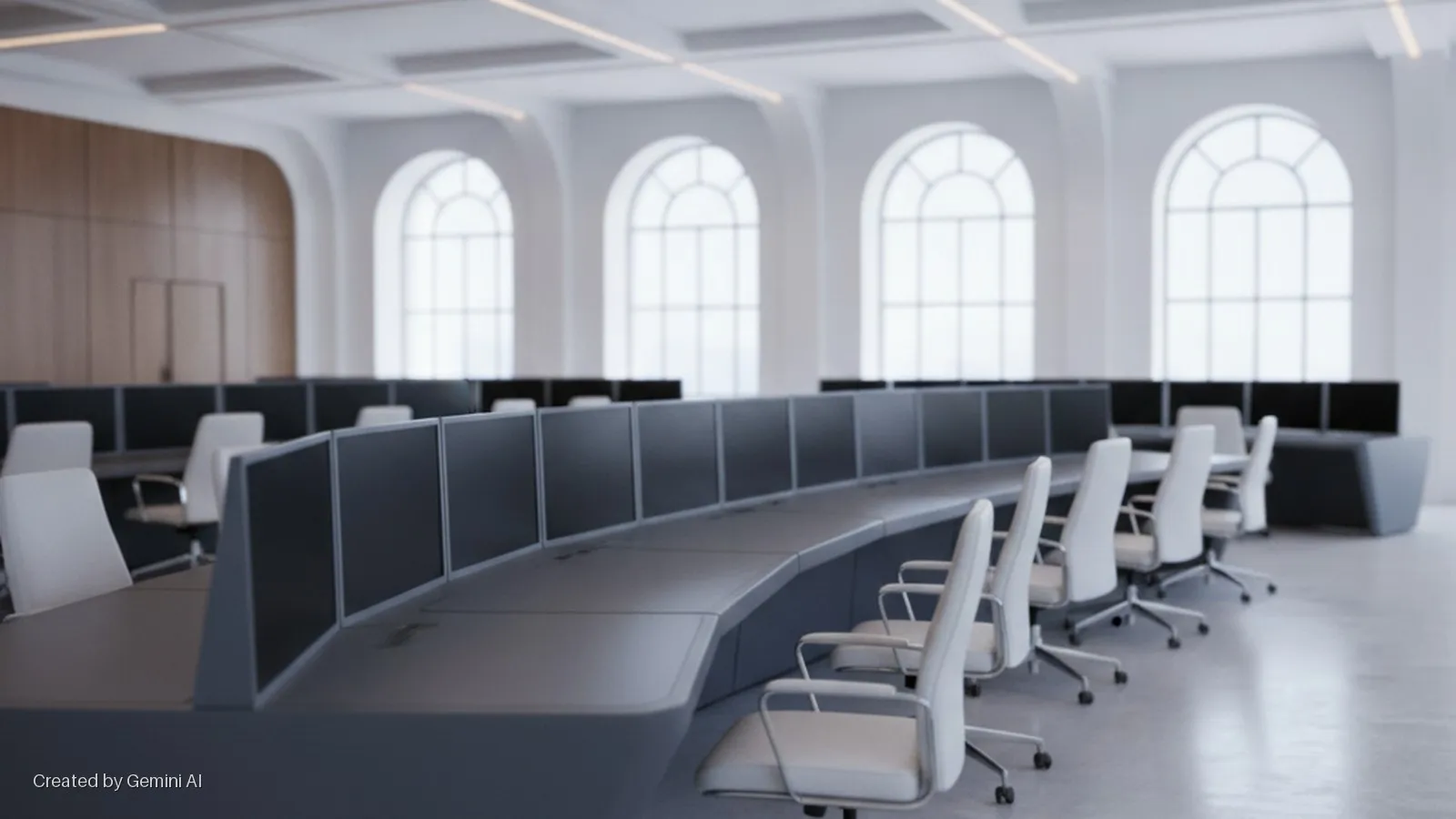 A bright, modern control room or office features multiple rows of dark gray curved desks, numerous computer monitors, white ergonomic chairs, large arched windows, and recessed ceiling lights.