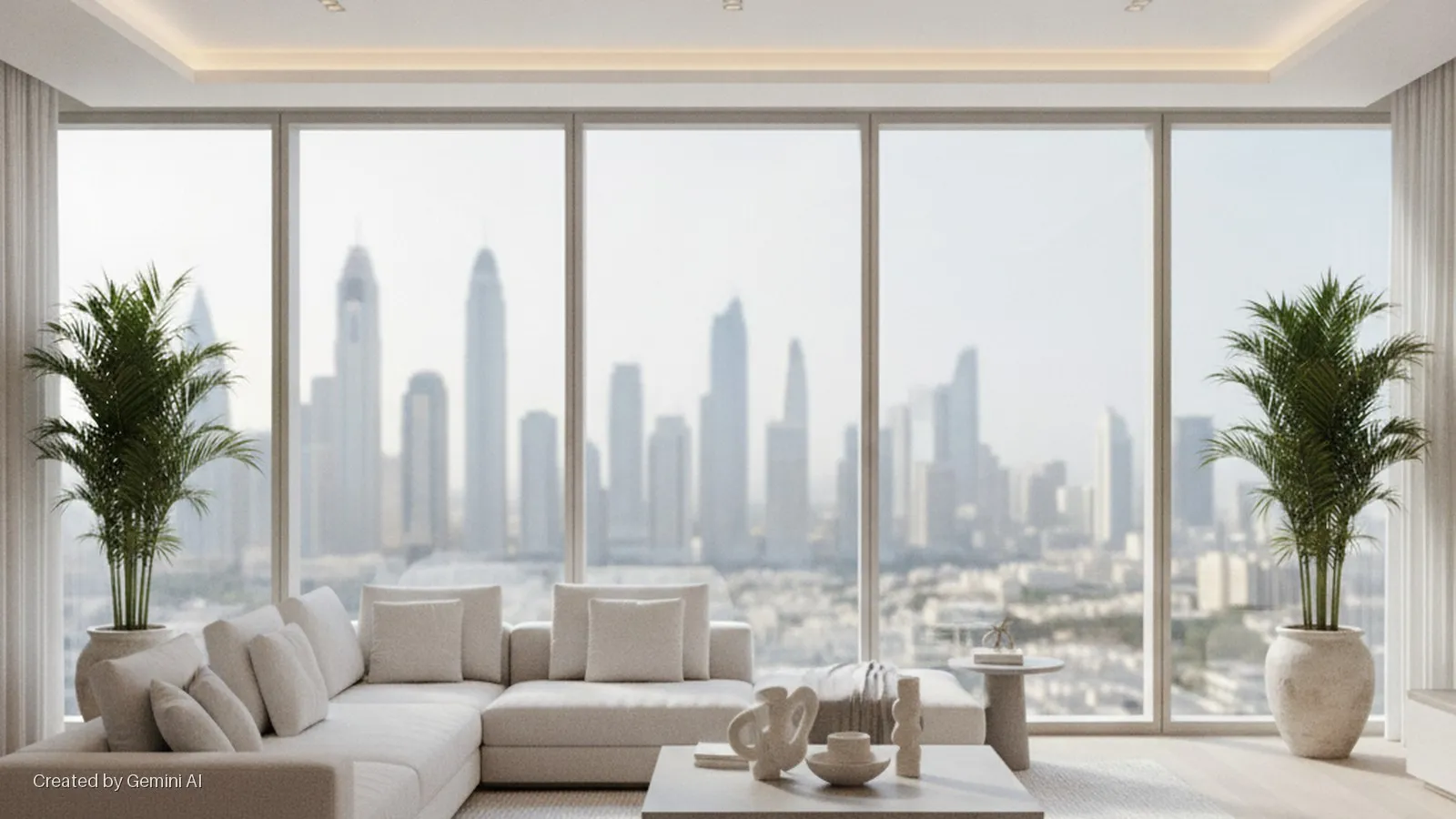 A modern living room with a cream sectional sofa, coffee table, and two large potted palm plants, featuring floor-to-ceiling windows overlooking a blurred city skyline under bright natural light.