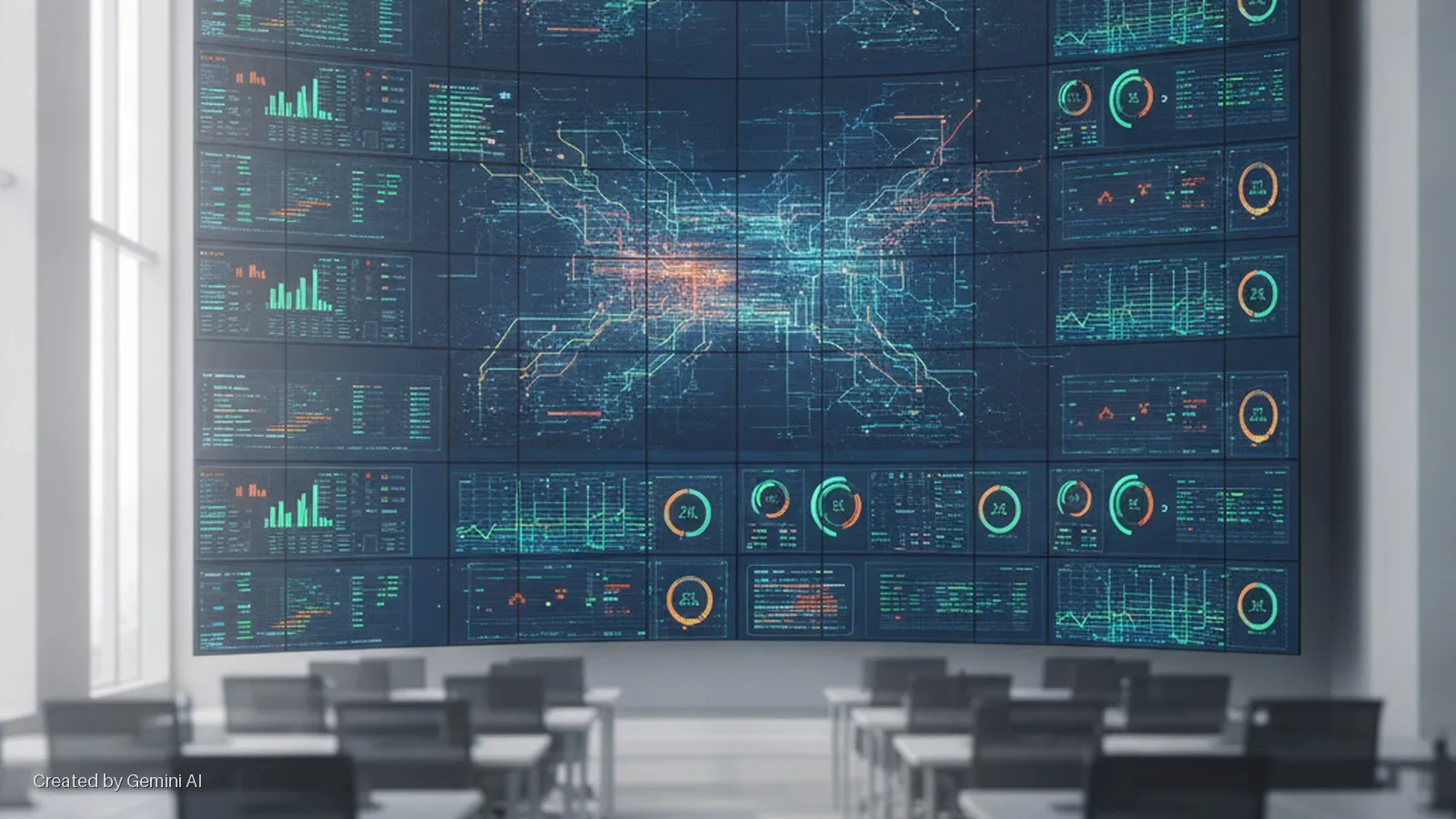 A large, curved multi-screen video wall displays a glowing network map and data visualizations in a brightly lit room with blurred tables and chairs in the foreground.