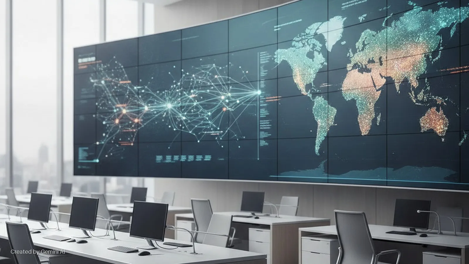 A modern control room features a large video wall displaying a global network map and a world map with glowing data points, above rows of white desks equipped with computers and chairs, lit by bright natural light from large windows and amb