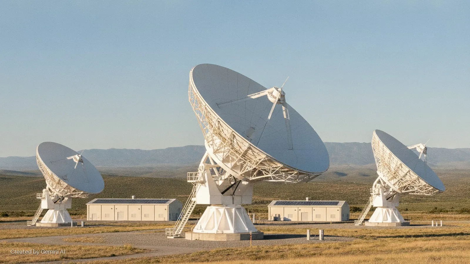 Three large white radio telescopes and two smaller white buildings with solar panels are spread across a dry, grassy plain with distant mountains under a clear blue sky.