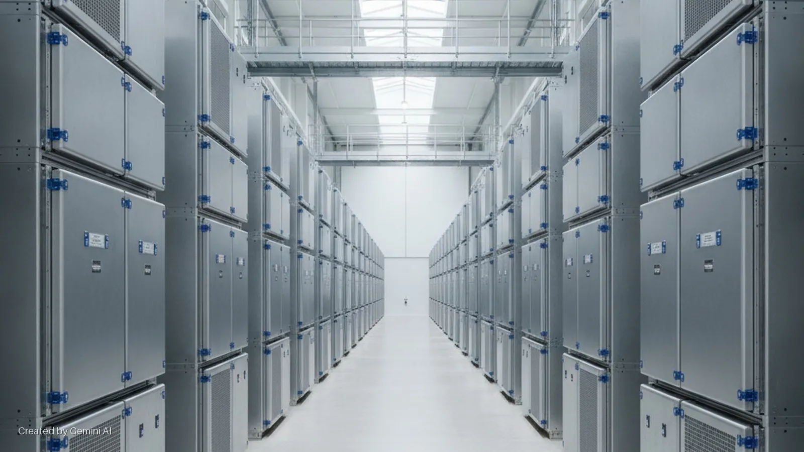 A long, brightly lit industrial corridor is lined with tall, silver-grey modular equipment cabinets, some with grilles and blue clasps, beneath an overhead metal walkway and skylights.