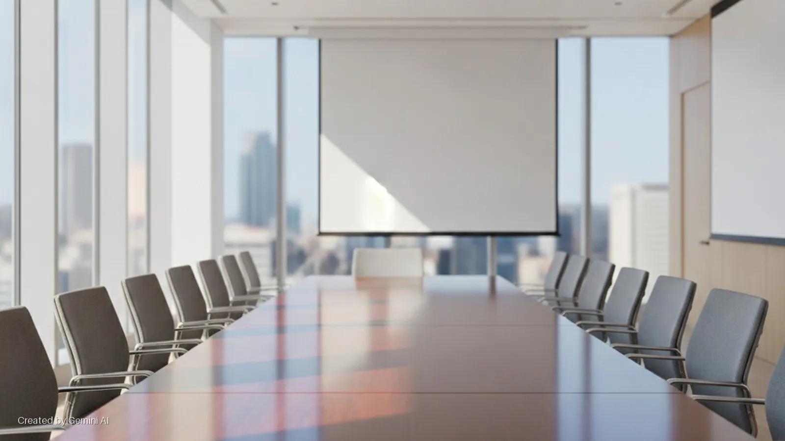 A brightly lit modern conference room features a long wooden conference table, grey chairs, and two large projector screens, one illuminated by a distinct sunbeam, all set against a city skyline visible through tall windows.