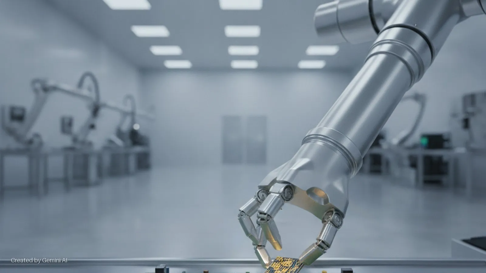 A silver robotic arm precisely places a gold microchip onto a surface in a brightly lit cleanroom, featuring other robotic equipment and rectangular ceiling lights.